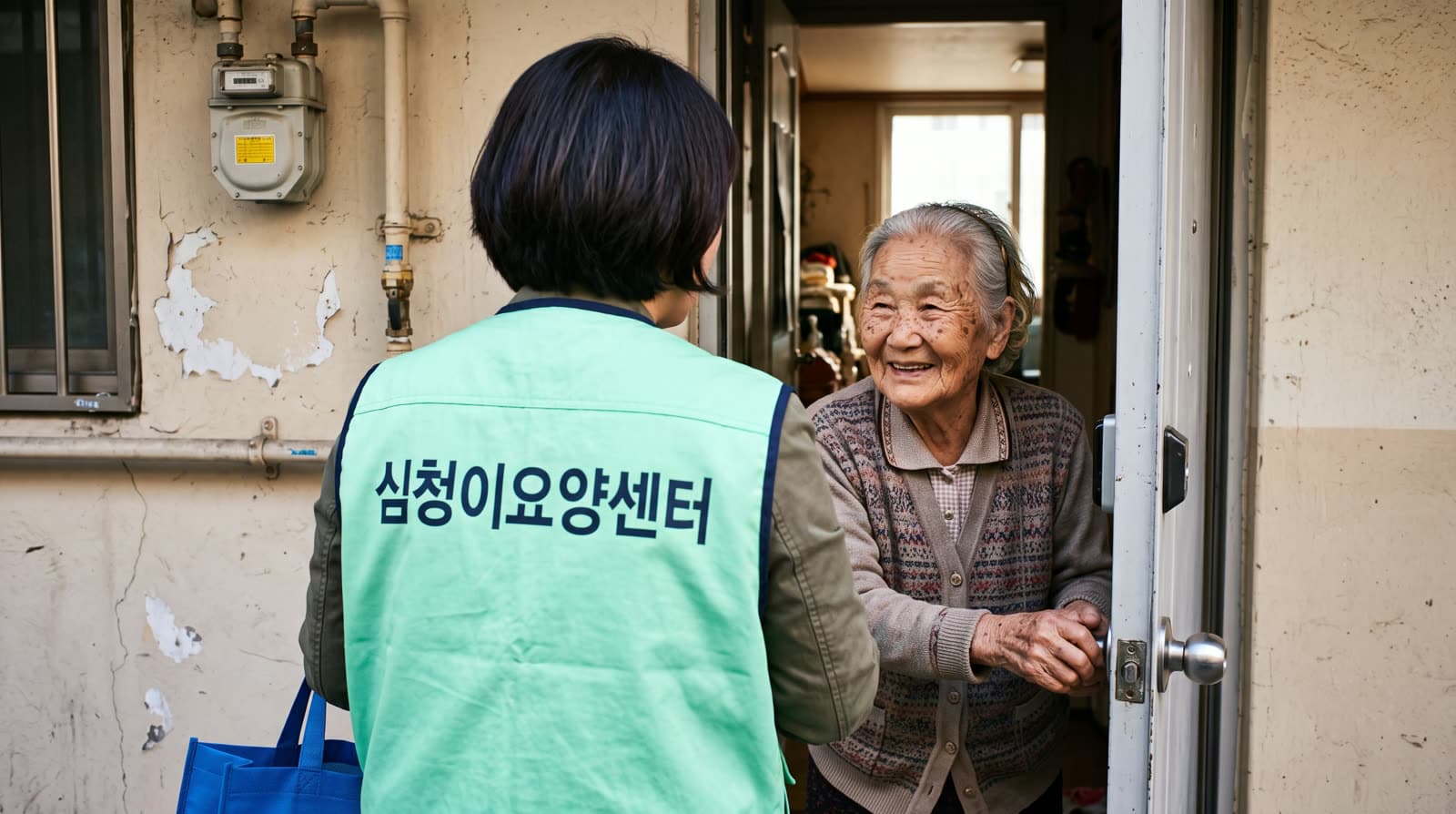 심청이요양센터 요양보호사의 어르신 방문 인사